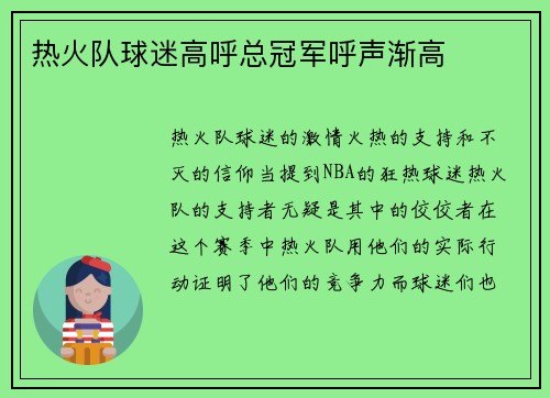 热火队球迷高呼总冠军呼声渐高